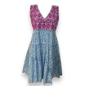 NWT THML Tiered Embroidered Dress cotton pink blue white - midi. above knee XS S